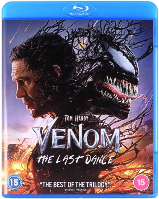 Couverture Blu-ray de Venom : The Last Dance. Montre un double portrait de Tom Hardy en Eddie Brock et de Venom.