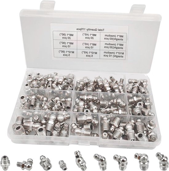 YIXISI Kit 120 Pièces Graisseurs M6/M8/M10 - Droit 90° 45° Avec Bouchons Plastique - Assortiment Graisses Hydrauliques Pour Équipement Mécanique