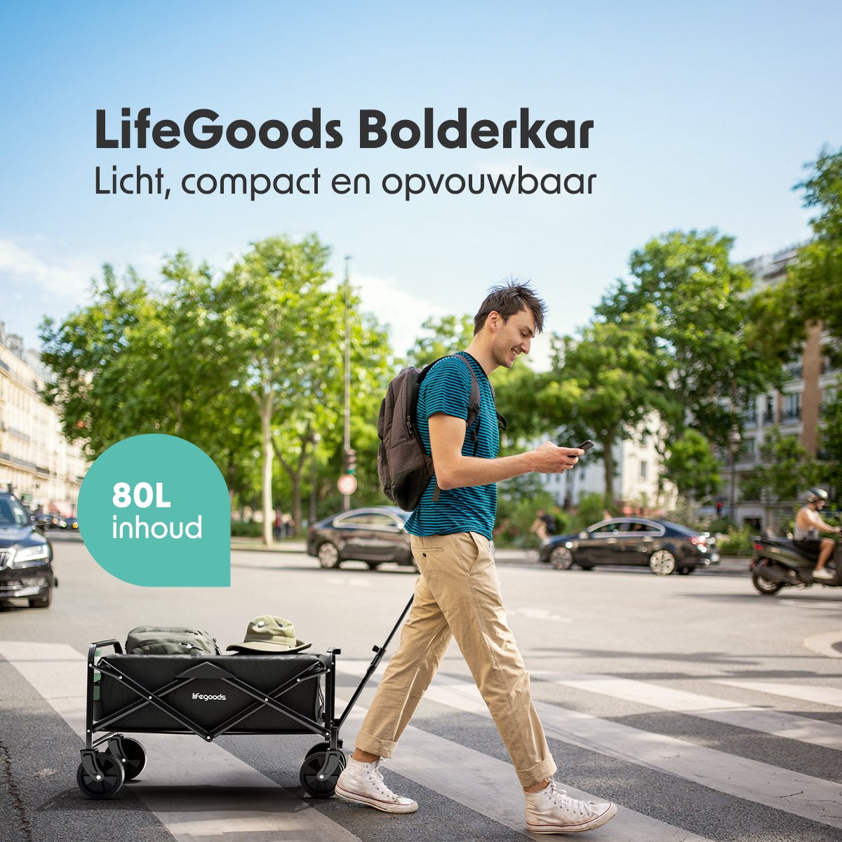 LifeGoods Bolderkar Opvouwbaar - 80L - 80KG Draagkracht - 75x49x70CM - Inklapbare Bolderwagen - Wasbaar Polyester - Zwart