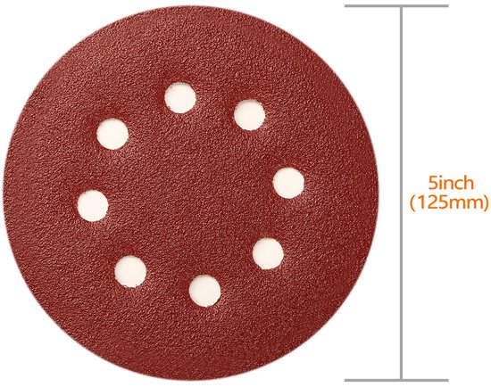 Rond rood schuurpapier met 8 witte gaten en afmeting van 125 mm.