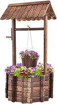 COSTWAY Houten fontein met dak, wensfontein, bloembak, decoratieve fontein, bloempot, tuindecoratie voor buiten, veranda, 56 x 56 x 114 cm