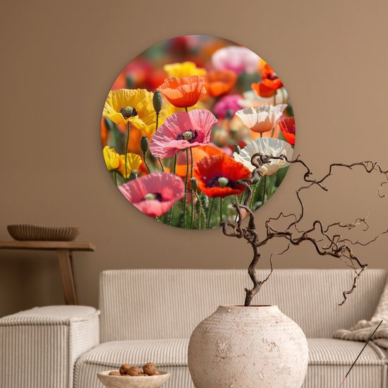 WallCircle® Wandcirkel 60x60 cm - Muurcirkel Bloemenveld - Klaprozen - Kleurrijk - Muurdecoratie woonkamer - Wanddecoratie slaapkamer - Kamer decoratie accessoires - Ronde schilderijen