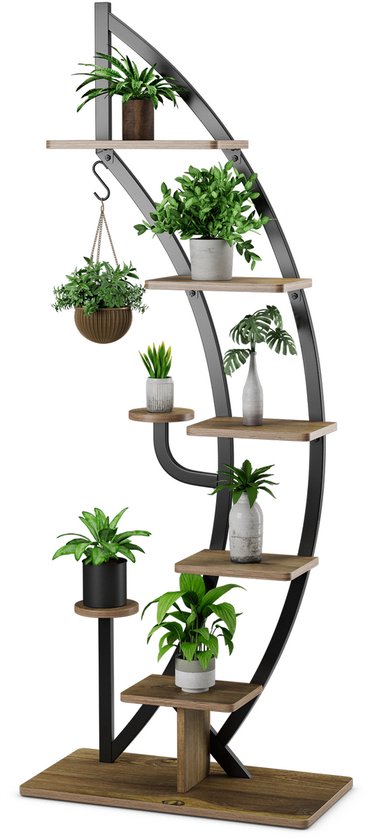 COSTWAY 6-traps metalen plantenstandaard in halve maanvorm, bloemenrek met 2 kleine planken en bovenste haken, ladder-plantenrek, kantelbescherming, bloempotstandaard voor tuin, woonkamer (1 stuks)