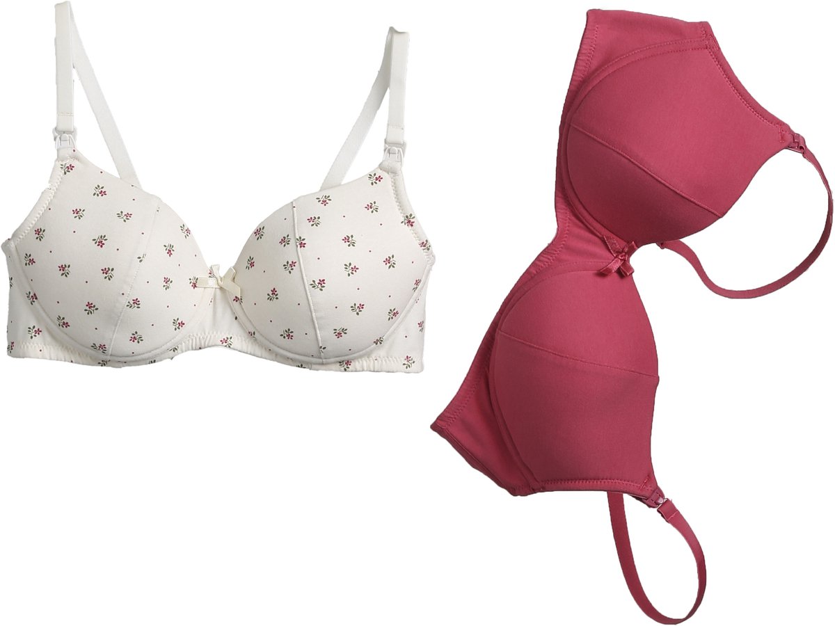 vertbaudet Set - 2 beha's borstvoeding - beugelloze - wit - roze - biologisch katoen Framboosroze