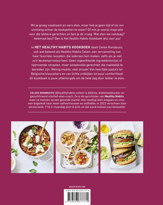 Achterkant van "Het Healthy Habits Kookboek" met tekst en drie foto's van gerechten.