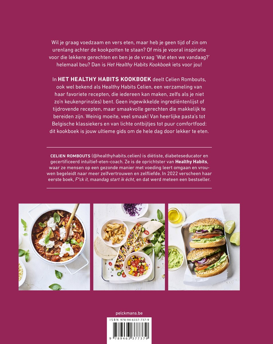 Achterkant van "Het Healthy Habits Kookboek" met tekst en drie foto's van gerechten.
