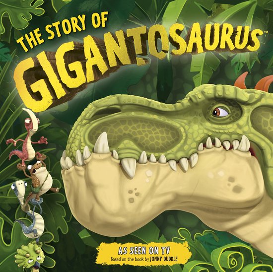 Het verhaal van Gigantosaurus, een kinderboek met een grote groene dinosaurus en kleine dinosauriërs in een jungle.
