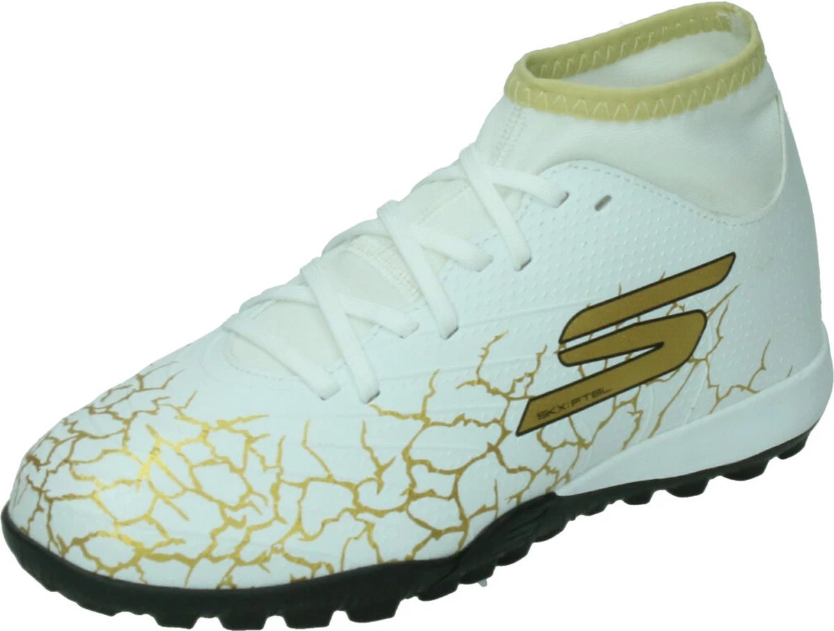 Skechers SKX 1.5 high jr voetbalschoenen in wit met gouden details, maat 35.
