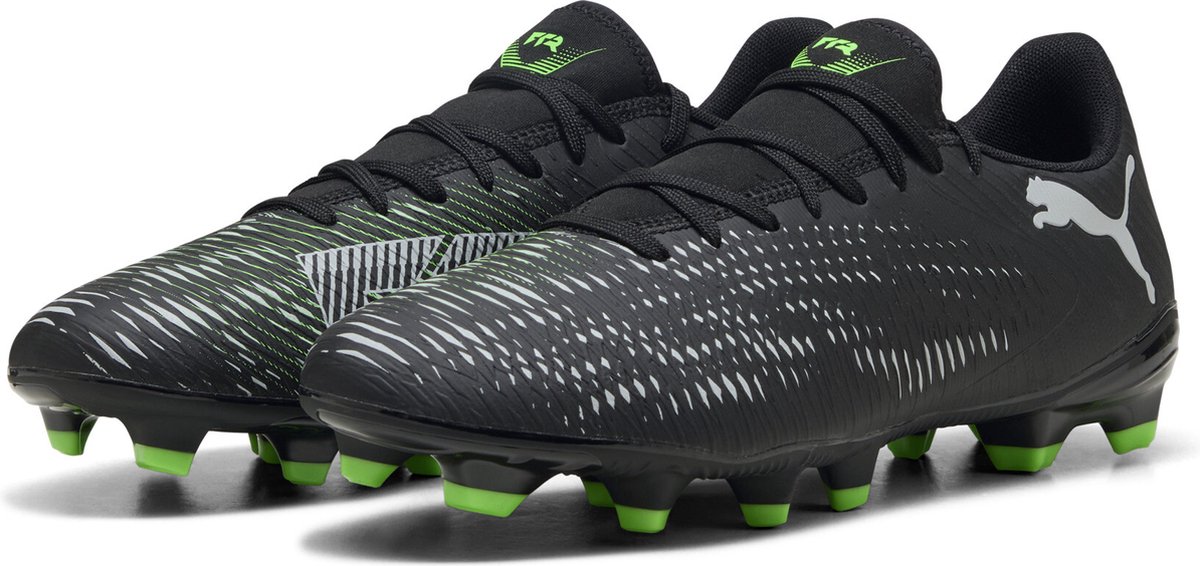 PUMA FUTURE 8 PLAY FG/AG voetbalschoenen in zwart, grijs en fluo groen met synthetisch bovenwerk en slip-on-tong.