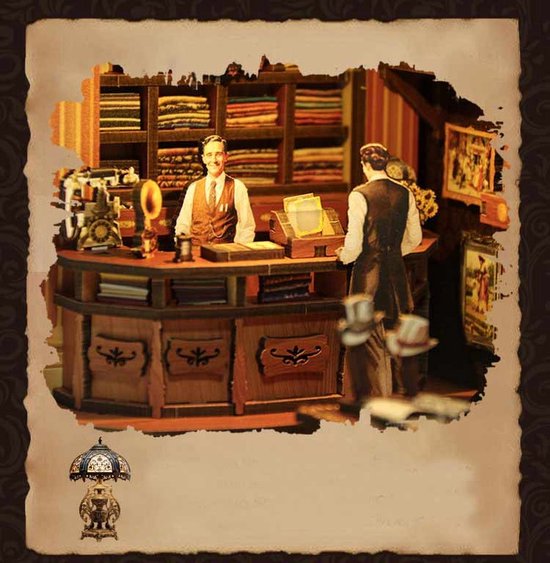 Twee heren in vesten achter een houten toonbank in een miniatuurwinkel, met kleding en decoraties.