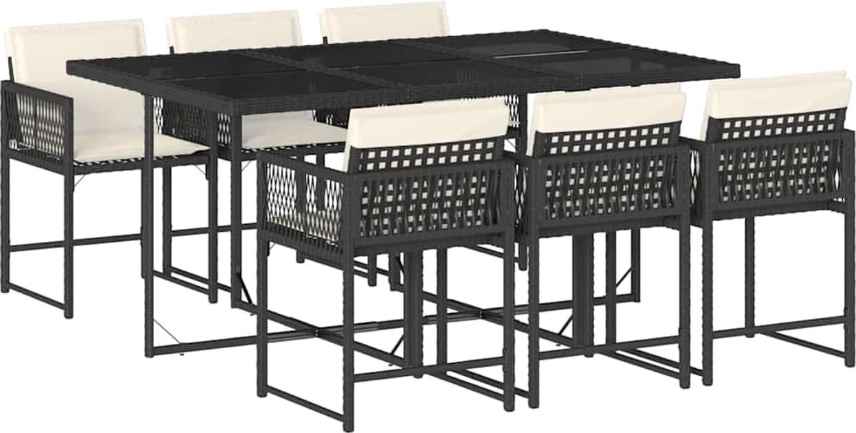 The Living Store 7-delige Tuinset met kussens poly rattan zwart - Tuinbank - Lounge Set - Buis Meubel - Outdoor Furniture - Eetkamerset