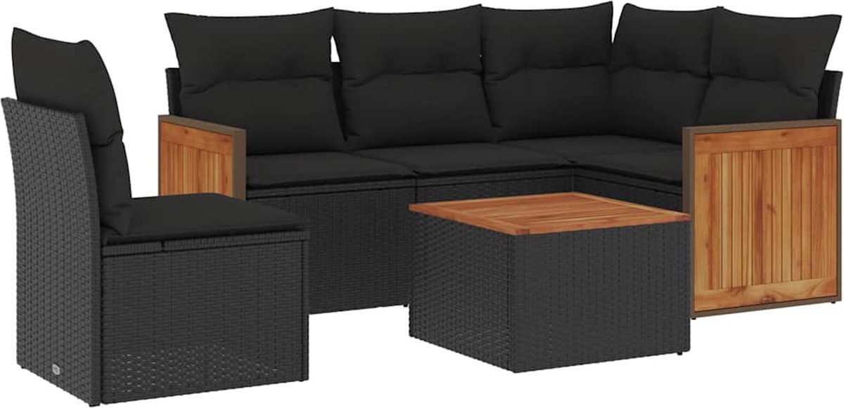 Zwart poly rattan loungeset met kussens voor buiten - The Living Store.