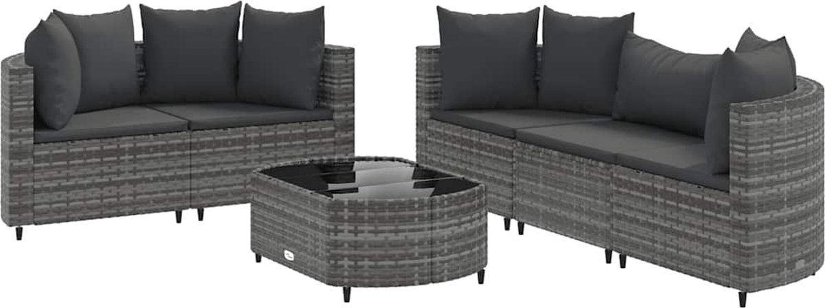 The Living Store 6-delige Loungeset met kussens poly rattan grijs - Loungeset - Lounge - Tuinmeubels - Buitendecoratie - Pe Rattan