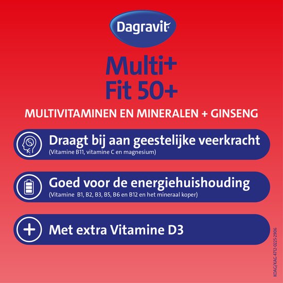 Voorkant verpakking met Dagravit Multi+ Fit 50+, informatie over geestelijke veerkracht en energie.