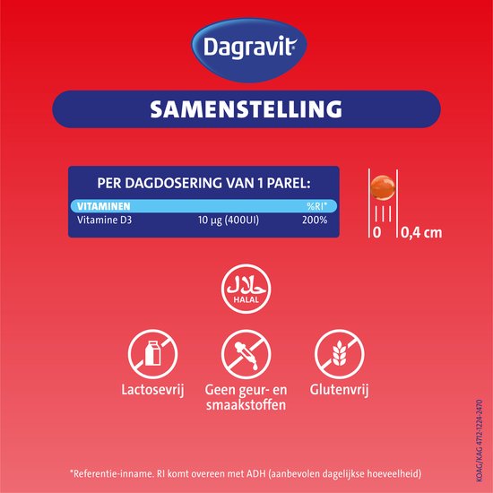 Dagravit Vitamine D 10µg parels - Ondersteunt het behoud van sterke botten en een sterk gebit - Goed opneembaar door de oliebasis - 100 parels