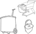 Schetsen van winkelwagens: een trolley, een grotere trolley en een kleine mand.