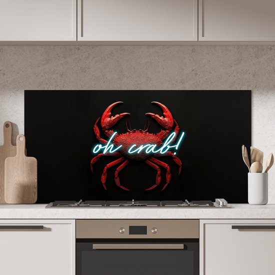 Crédence de Cuisinière en Aluminium 120x60 cm - Crabe - Rouge - Néon - Citation - Écran Pare-éclaboussures pour Plaque de Cuisson - Protection Murale