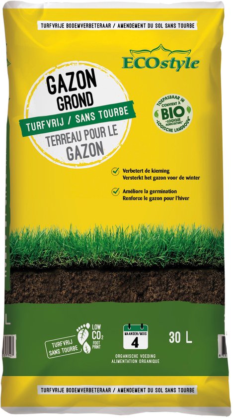 Sac jaune Terreau pour Gazon avec texte et image d'herbe. Description : améliore la germination, renforce la pelouse pour l'hiver, pour une pelouse saine et forte.