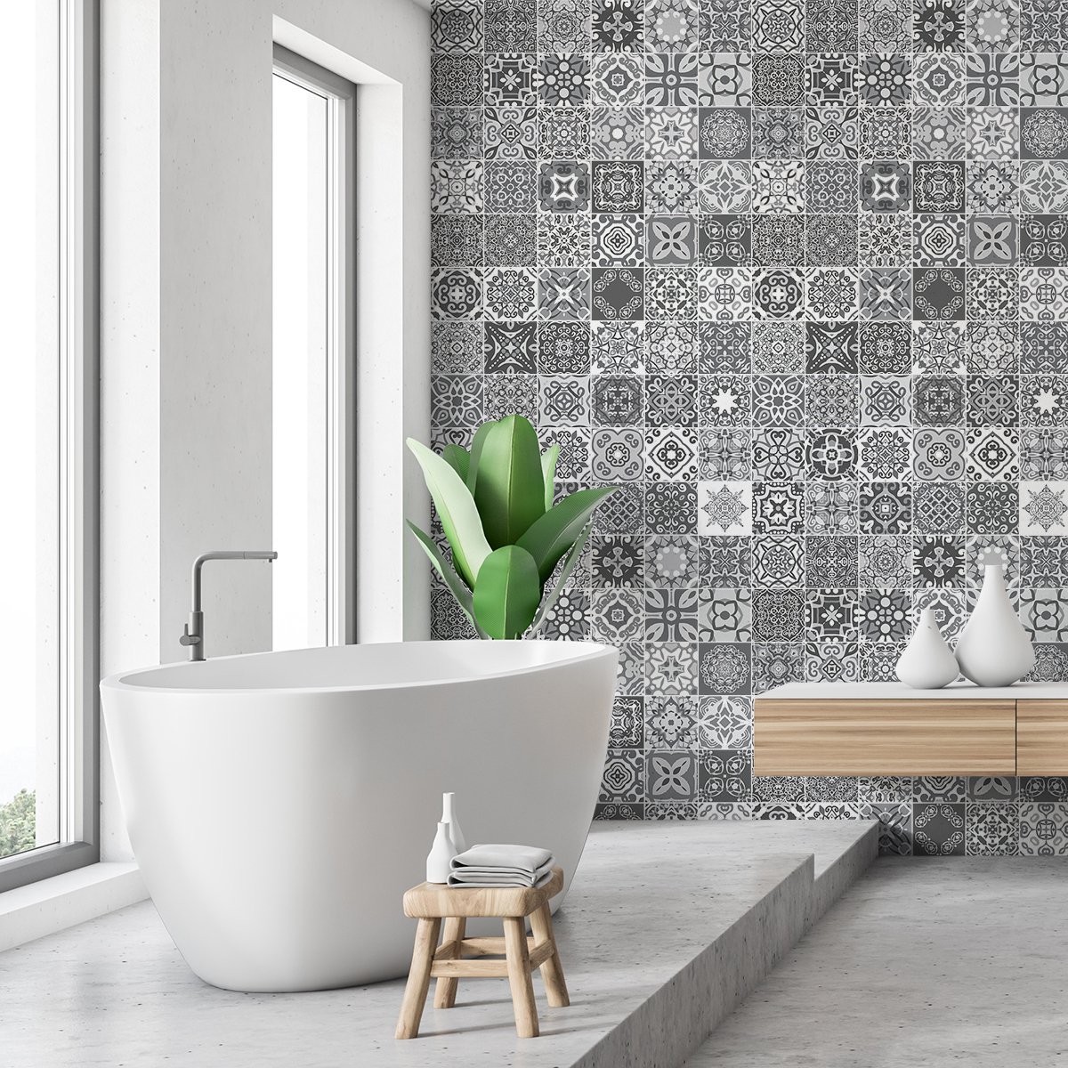 Ambiance Sticker Zelfklevende tegelmuurstickers voor keuken en badkamer - 60 cementtegelstickers, Azulejos-stijl, Adalia - 60 stickers, 10x10 cm Multi color