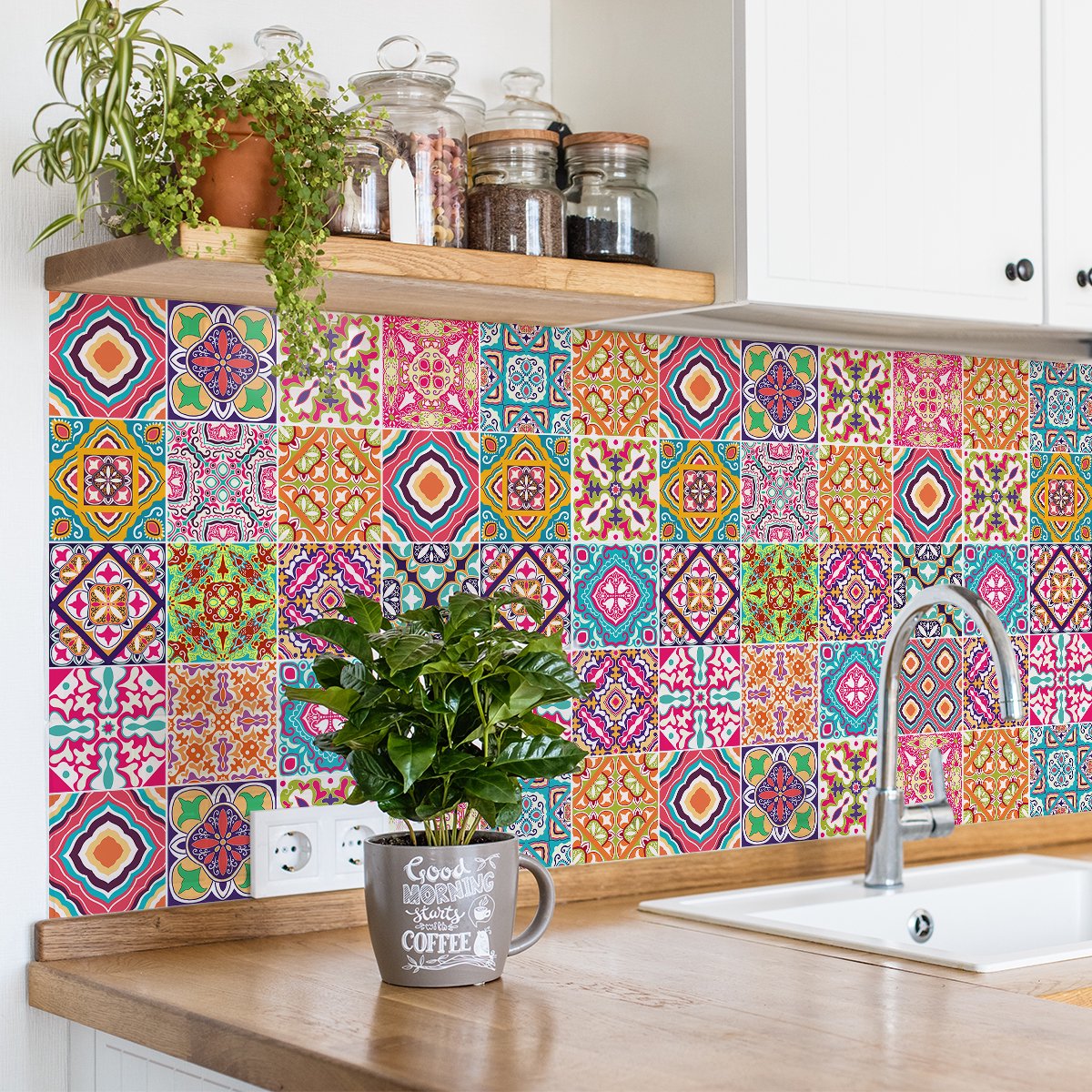 Ambiance Sticker Zelfklevende tegelmuurstickers voor keuken en badkamer - 24 Azulejos Anabel cementtegelstickers - 24 stickers 10x10cm Multi color