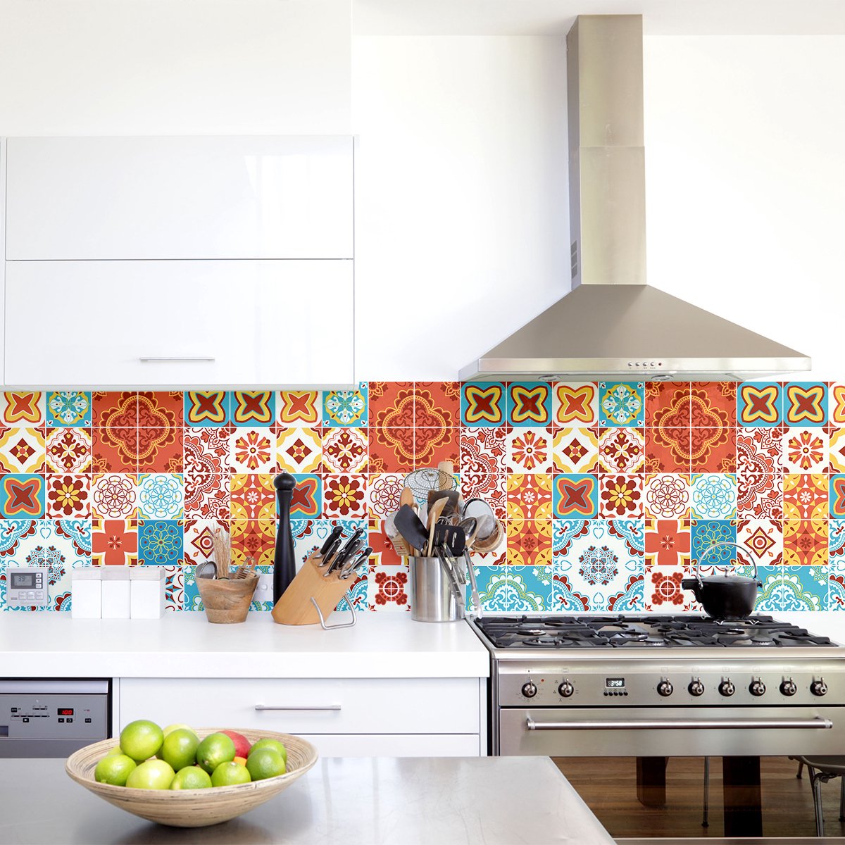 Ambiance Sticker Zelfklevende tegelmuurstickers voor keuken en badkamer - 24 cementtegelstickers, Azulejos Lucinda - 24 stickers, 10x10cm Multi color