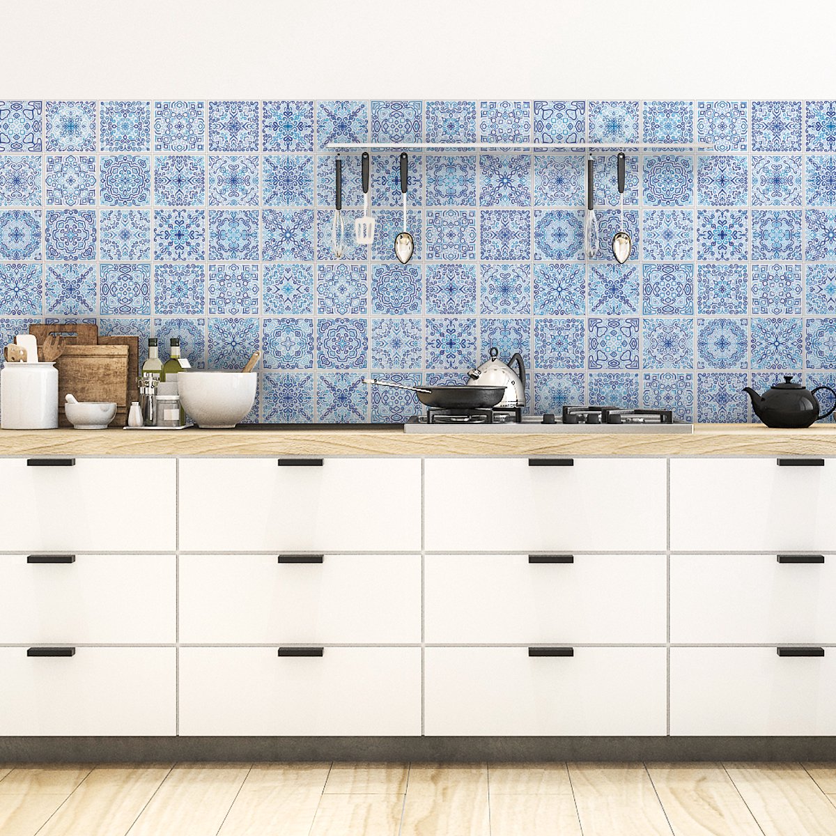 Ambiance Sticker Zelfklevende tegelmuurstickers voor keuken en badkamer - 60 Azulejos Magdalena cementtegelstickers - 60 stickers, 15x15cm Multi color
