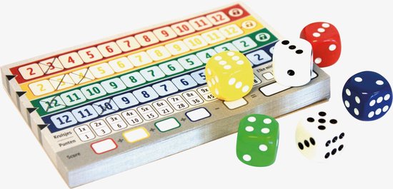 Een scoreblad met gekleurde vakjes en dobbelstenen: rood, geel, groen, blauw en wit.