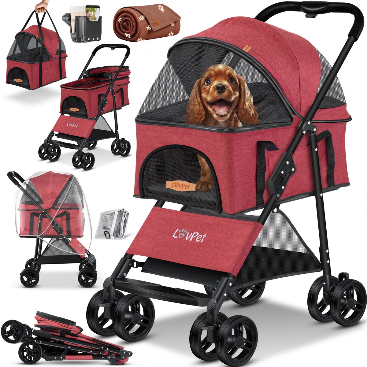 LOVPET® Hondenbuggy 2-in-1 – Opvouwbare Hondenwagen met Tas – Rood – 20kg