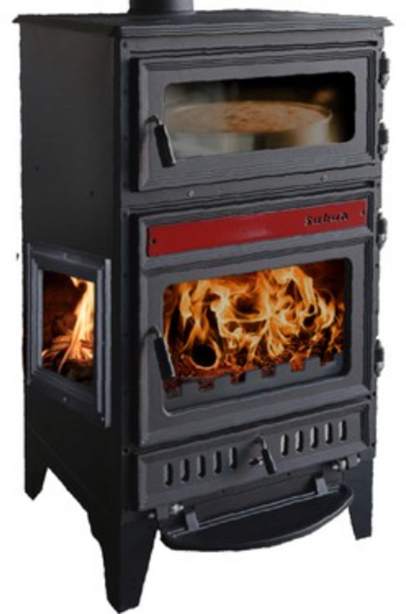 S107/3D Sabah Open Haard Met Oven – Zwart/rood – Drie-Raams Haard – Houtkachels – Gietijzer Haardkachel – 15,87 KW – Inclusief, Bakplaat, Ovengrill, Haak ,Schraper en Kachelpijpen