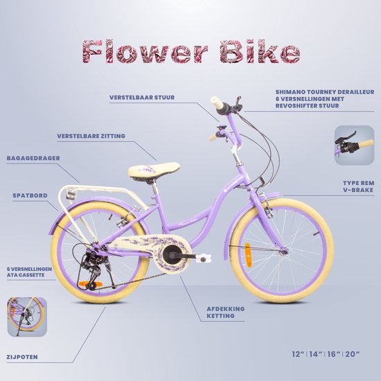 Flower Bike Fiets voor een meisje van 6 tot 10 jaar, 20 inch Lavendel, 6 versnellingen Shimano, kinderfiets in hoogte verstelbaar van Flower Bike — afbeelding 3
