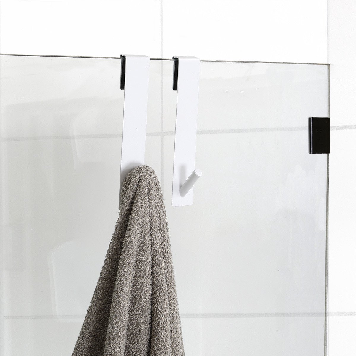Tendance Douchehaken - 2x stuks - wit - metaal - douchecabine / douchewand haak - 18 cm - 