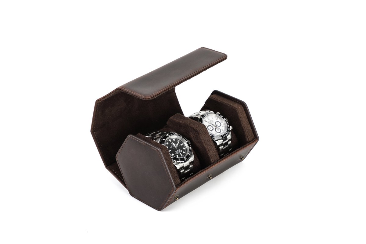 Timezone - Leren Watch roll voor 2 Horloges - Horloge doos - Horloge etui - Horloge reisetui - Horloge Rol - Hexagon