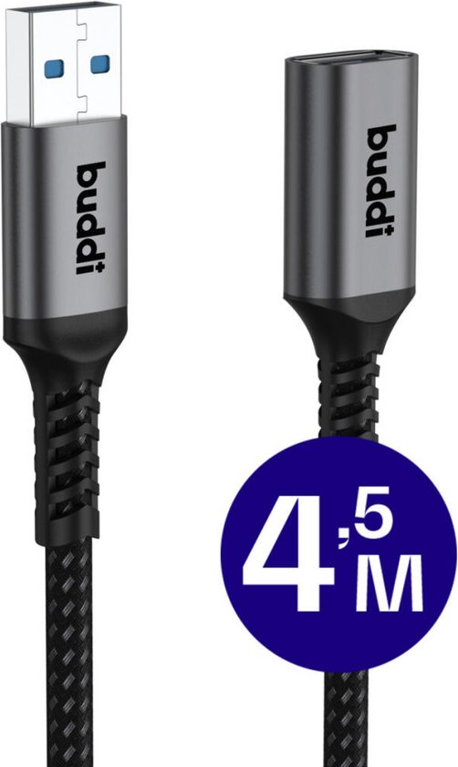 Buddi Flex | USB-A naar USB-A Verlengkabel | USB 3.0 | Female naar Male | Geschikt voor printers, telefoon, USB-sticks, harde schijven en meer | USB Verlengsnoer | Gevlochten Nylon | 4.5M | Zwart