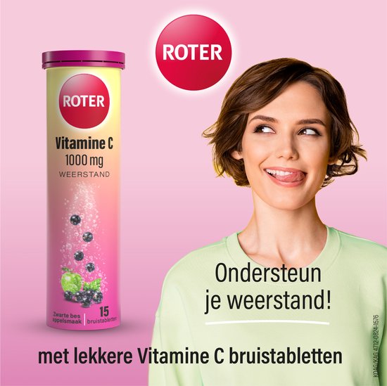 Roter Vitamine C 1000 mg bruis - Ondersteunt je natuurlijke weerstand - Suikervrij - Vegan - Met lekkere frisse zwarte bes-appelsmaak - 15 bruistabletten