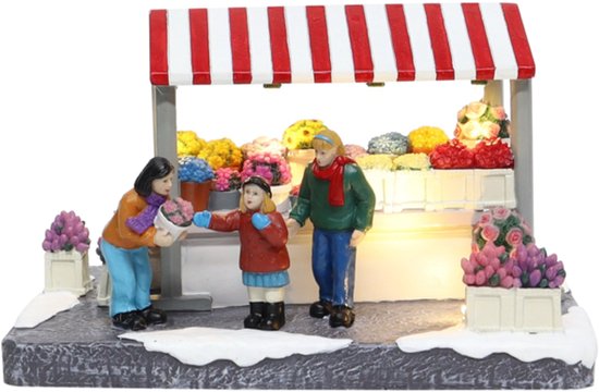Santaville - Market Stall Flowers with Customers with LED Polyresin...