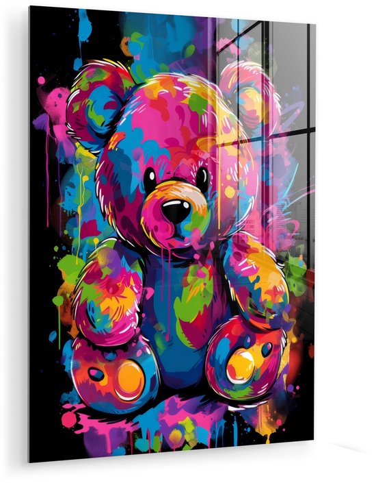 MuchoWow® Glasschilderij 90x120 cm - Schilderij acrylglas - Beer - Verf - Kleurrijk - Knuffeldier - Foto op glas - Muurdecoratie woonkamer - Wanddecoratie slaapkamer - Schilderijen