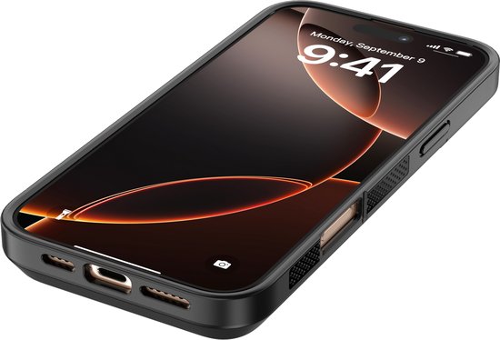 Zwarte Distinction powerbank hoes voor iPhone 16 Pro Max, met de tijd 9:41 op het scherm.