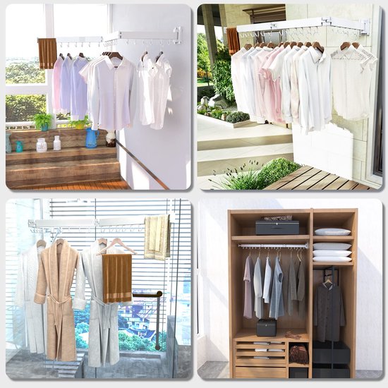 Inklapbaar droogrek wandmontage droogrek met zuignap, opvouwbaar droogrek, intrekbare waskleding droogrek met 5 haken, Aluminium wandluchter voor balkon, badkamer enkele vouw