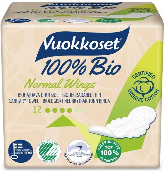 Vuokkoset 100% Bio Maandverband - Voordeelpakket - Normaal met vleugels - Bio afbreekbaar - Chloorvrij - Milieuvriendelijk