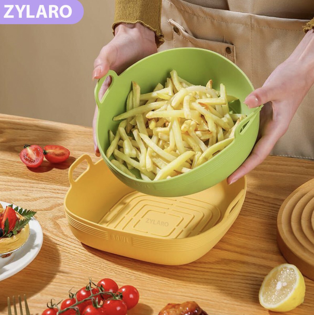 ZYLARO Siliconen Airfryer Bakjes - Airfryer Accesoires - 2 Stuks XL - Vierkant - Bakpapier Alternatief - 100% BPA Vrij - 20CM - Groen en Geel — afbeelding 5