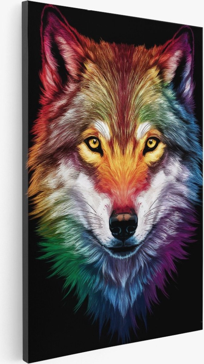 Saammp Canvas Schilderij - Kleurrijke Wolf - Abstract - Dieren - 75x100 - Foto op canvas - Wanddecoratie - Muurdecoratie Woonkamer - Slaapkamer decoratie - Canvas Print Multicolor