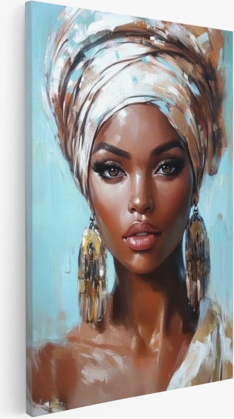 Saammp - Canvas Schilderij - Afrikaanse Vrouw - Blauw - abstract - 40x60 - Foto op canvas - Wanddecoratie - Muurdecoratie Woonkamer - Slaapkamer decoratie - Canvas Print