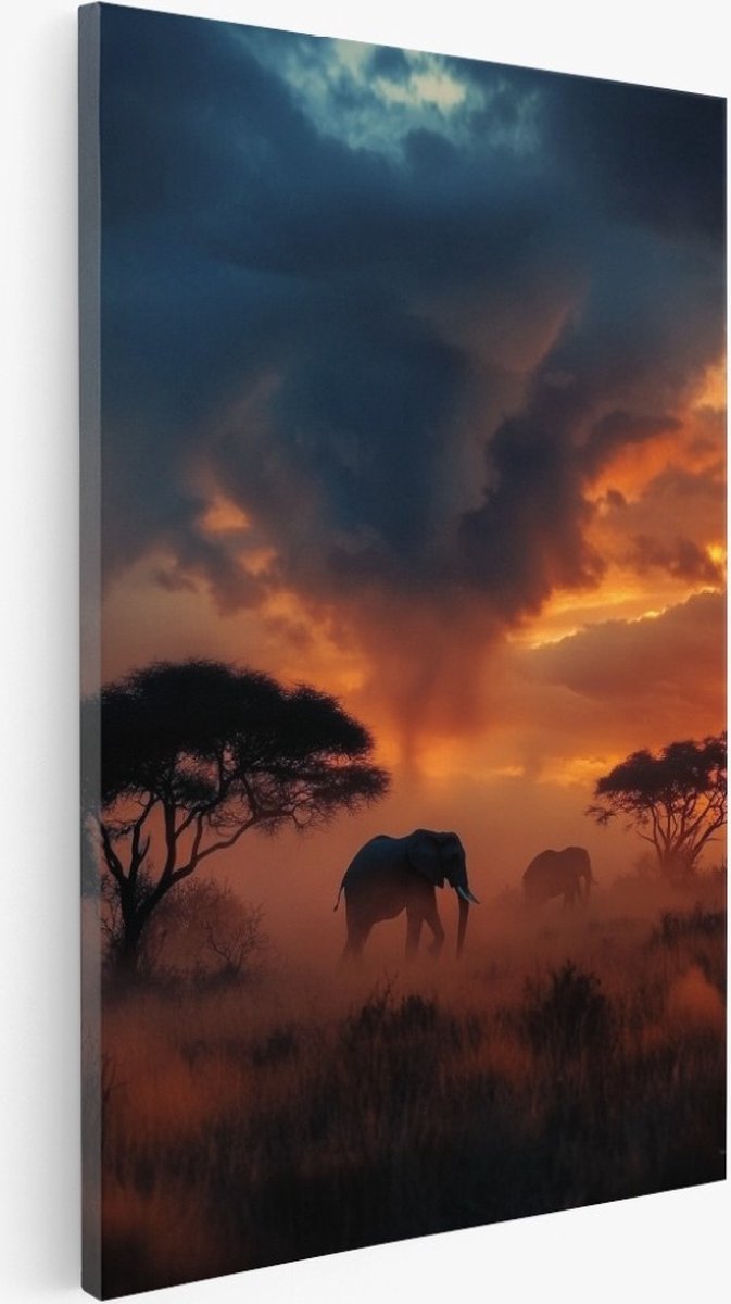 Saammp Canvas Schilderij - Olifant tijdens zonnsondergang met bewolking - Natuur - Dieren - 100x150 - Foto op canvas - Wanddecoratie - Muurdecoratie Woonkamer - Slaapkamer decoratie - Canvas Print Multicolor
