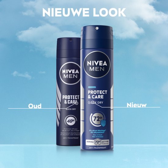 Vergelijking NIVEA MEN Protect & Care spuitbussen, oud (48H) en nieuw (72H).
