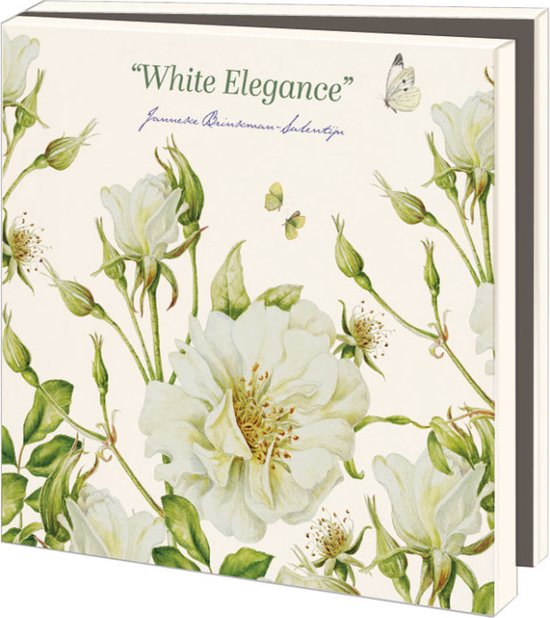 Kaartenmapje met witte rozen en vlinders. Titel 'White Elegance' door Janneke Brinkman-Salentijn.