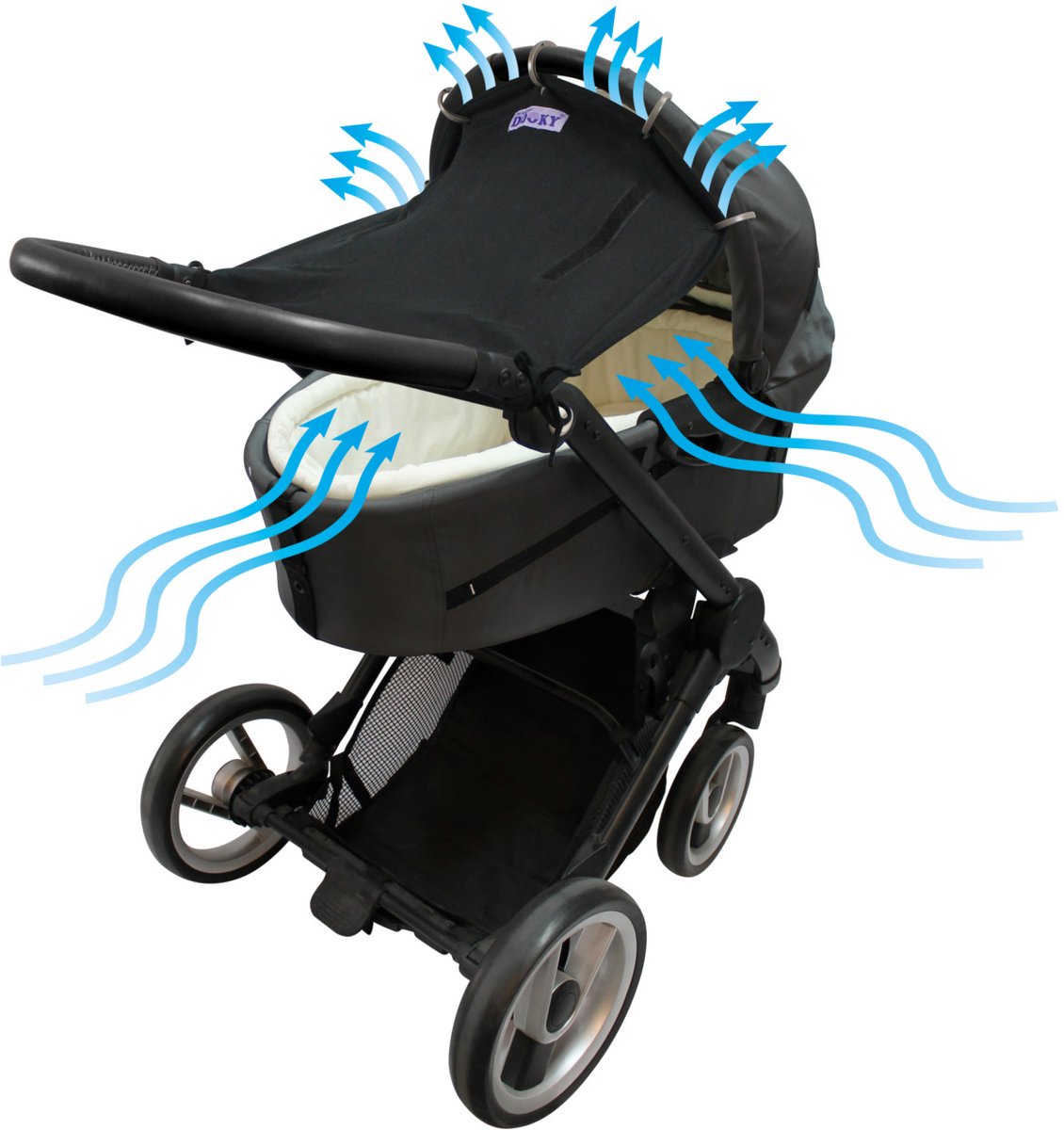Dooky - Zonwering voor kinderwagen, buggy en babyzitje, zwart met bladeren, zonnezeil, weerbestendig, regenbescherming kinderwagen, zonwering, parasol, katoen, l x b x h = 26 x 3 x 18 cm