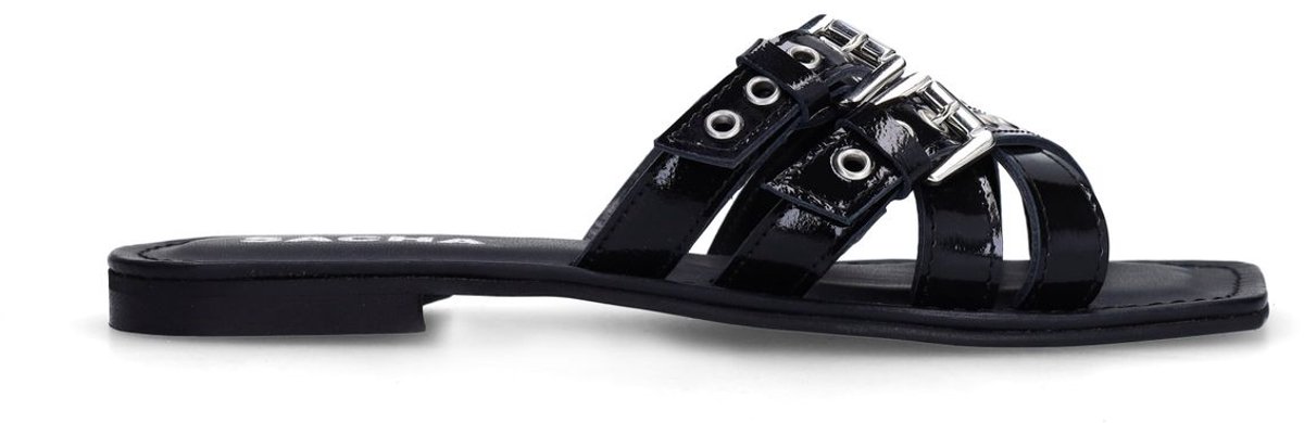 Sacha - Dames - Zwarte leren buckle slippers - Maat 36