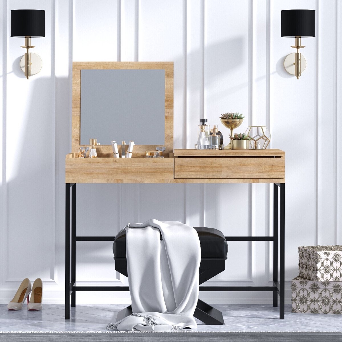 Skye Decor , Kaptafel, Linda, Gemelamineerde spaanplaat, Eiken & Zwart, 100 x 75 x 45 cm Bruin