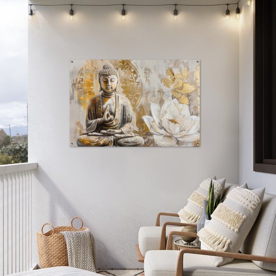 Affiche de jardin 120x80 cm - Décoration de jardin Bouddha - Bloem - Lotus - Wit - Goud - Zen - Affiche pour le jardin - Décoration extérieure - Tableau de jardin clôture - Décoration murale sur toile de jardin - Décoration murale sur toile de balcon