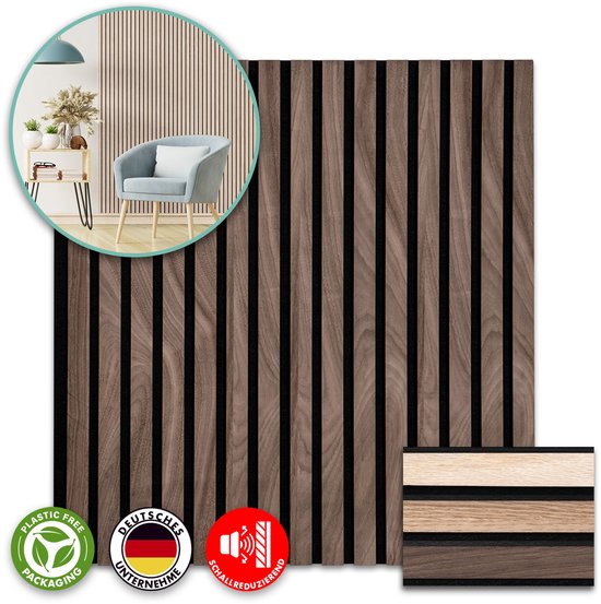 FLOORDIREKT Akoestisch Paneel - Wandpanelen Met Echt Houtfineer - Voor een Aangename Ruimteakoestiek - Lamellenwand - Wandpanelen als Geluidsisolatie - Black Walnut - 60 x 60 cm